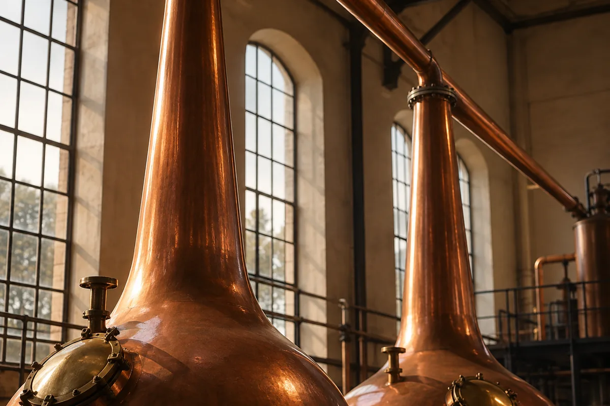 Two tall copper pot stills with long slender swan necks and upward-angled lyne arms in a bright still house
