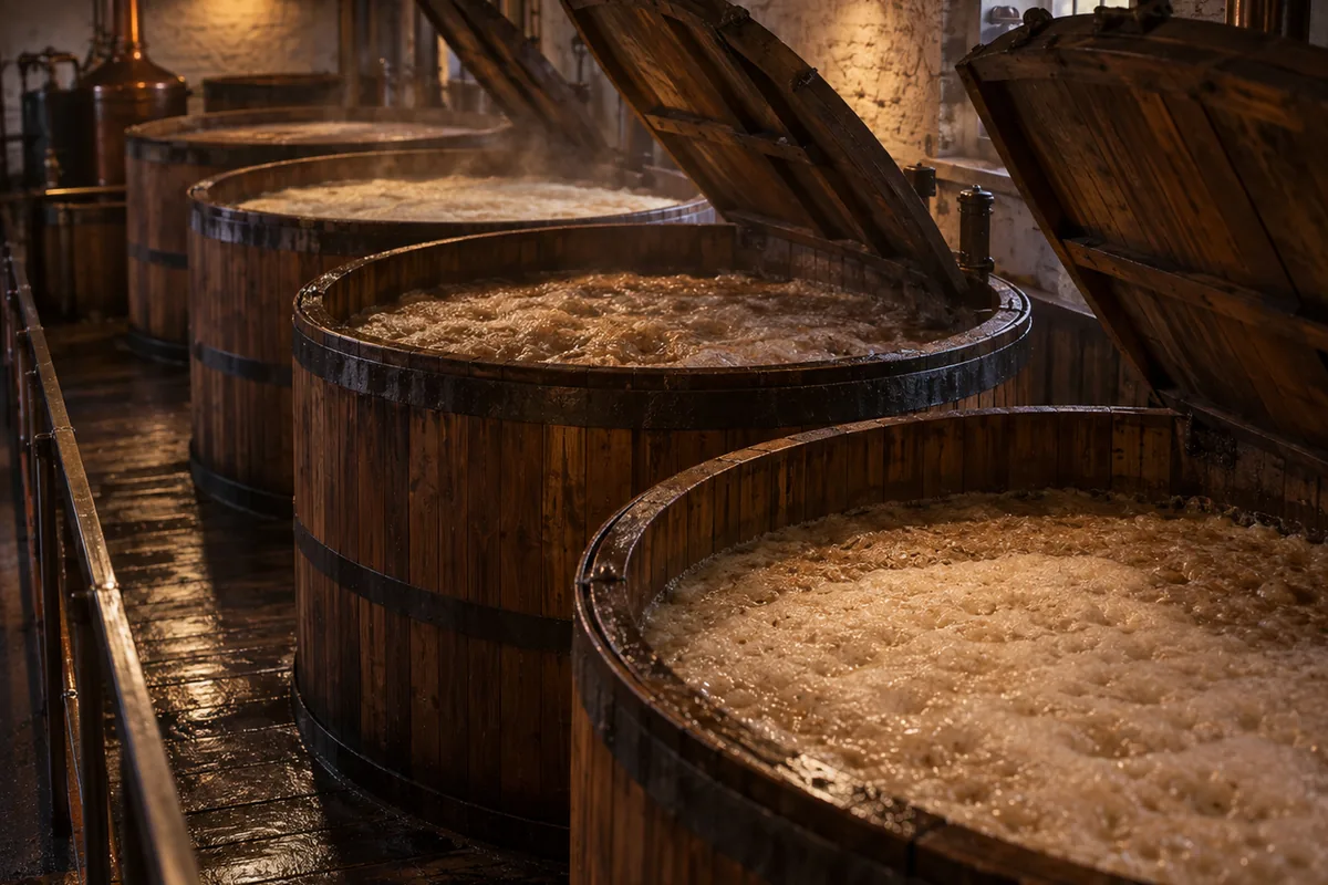 A row of tall wooden washbacks with lids open, fermentation foaming at different heights in each vessel