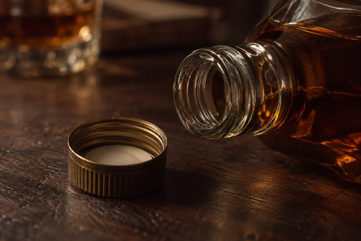An unscrewed metal bottle cap lying face up with its pale liner disc visible inside, beside the open threaded neck of a plain unlabelled whiskey bottle