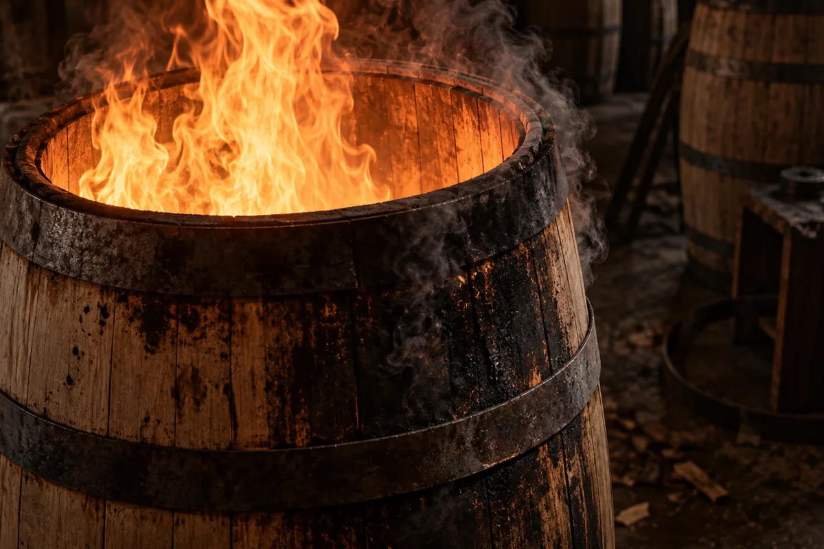 The inside of an oak barrel alight during charring in a cooperage, orange flame filling the vessel and the staves scorched and smoking