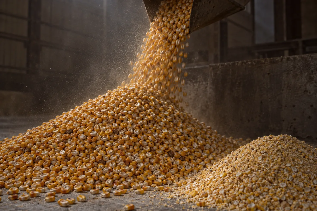 A heap of dry yellow dent corn kernels flowing from an overhead chute onto a pile on a concrete floor beside coarse cracked meal