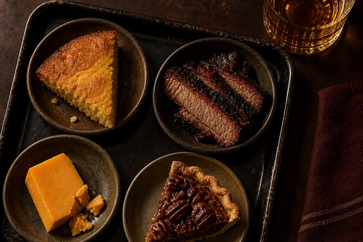 A wedge of skillet cornbread, sliced smoked brisket, a piece of sharp orange cheddar, and a slice of pecan pie in four separate dishes beside a glass of amber bourbon