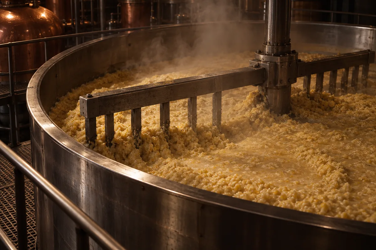 An open stainless mash cooker part filled with thick pale yellow cooked corn mash with a steel rake arm sweeping through it and steam rising