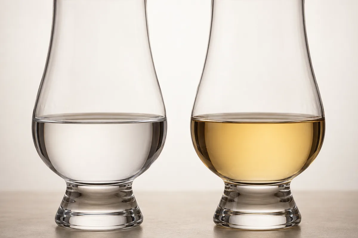 Two identical tulip glasses at equal fill levels, the left holding colourless new make spirit and the right holding pale gold whiskey