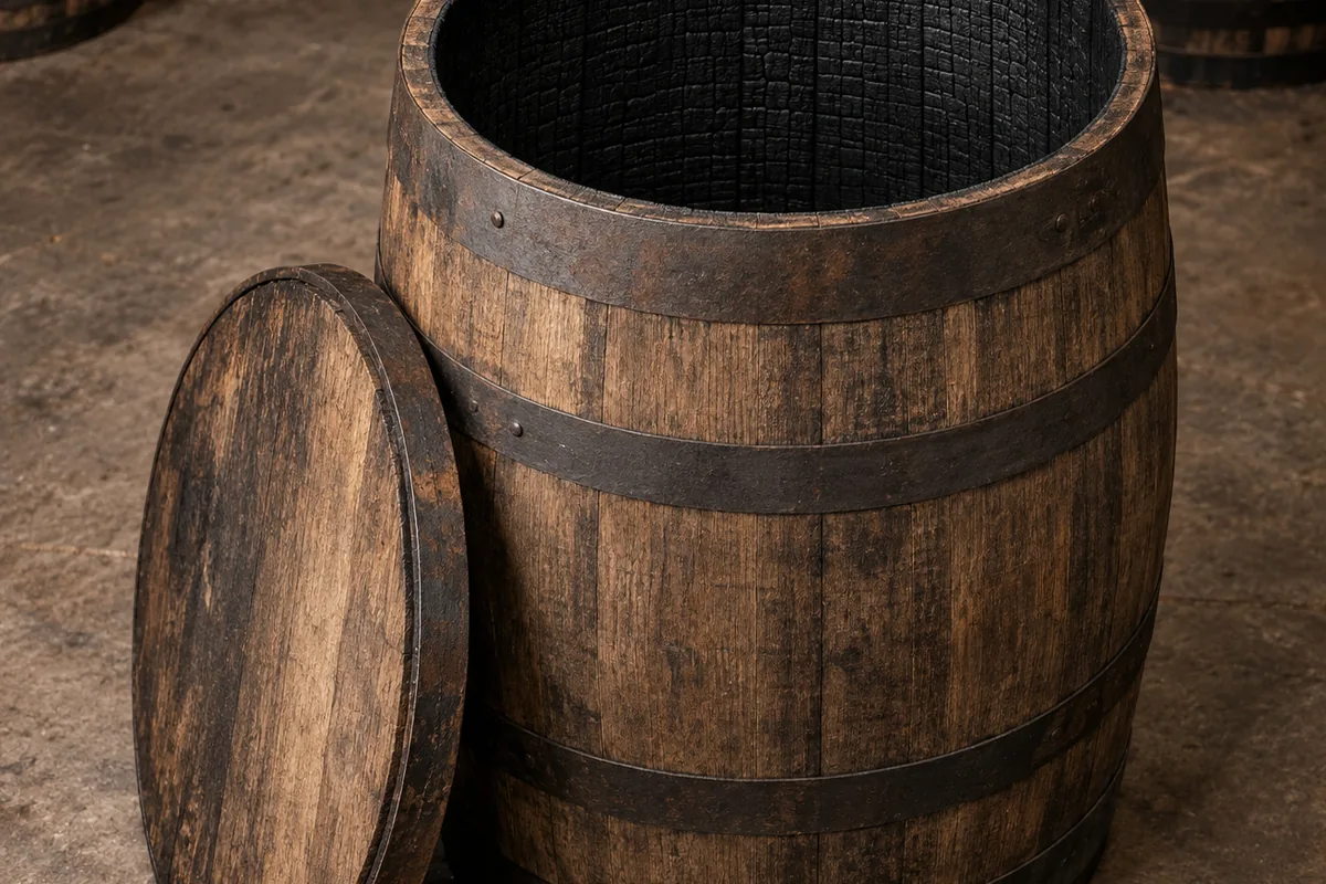 A charred oak barrel standing upright with its head lifted off, showing deep black cracked char across the inner staves