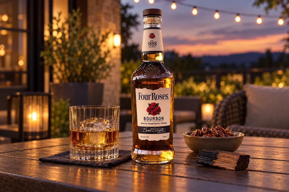A recognizable Four Roses Kentucky Straight Bourbon bottle beside a rocks glass, smoked pecans, and a charred oak piece on a mature evening patio.