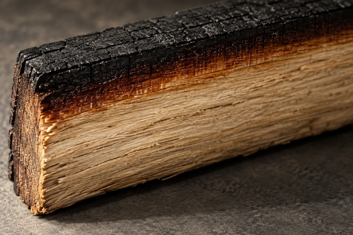 A single oak stave split lengthwise showing a thin black char layer, a narrow band of caramelised red-brown wood beneath it, and pale untouched oak below