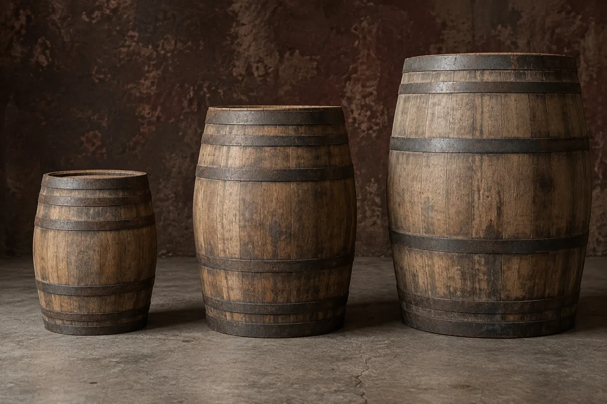 Three oak casks of clearly different size standing in a row on a concrete floor: a small octave, a standard barrel, and a tall wide butt
