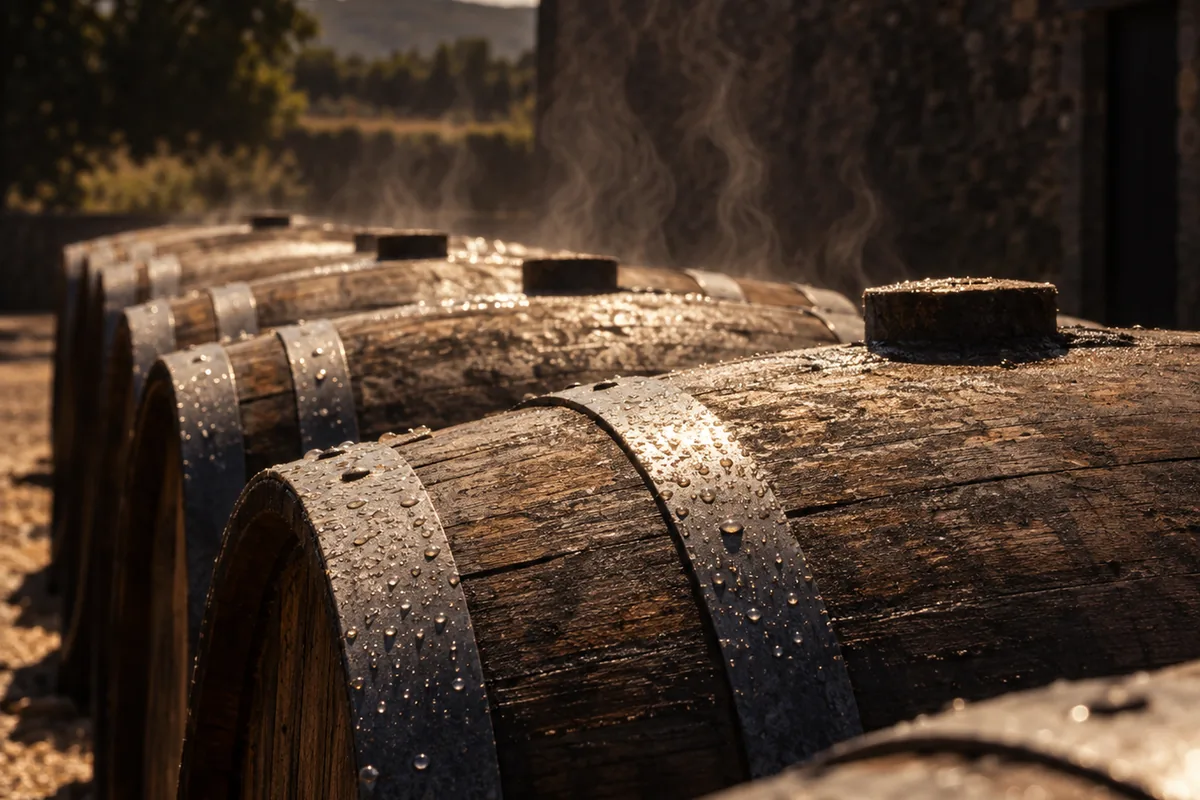 A close view across the heads of dark oak casks resting in strong midday sun with visible heat shimmer above them and condensation on the steel hoops