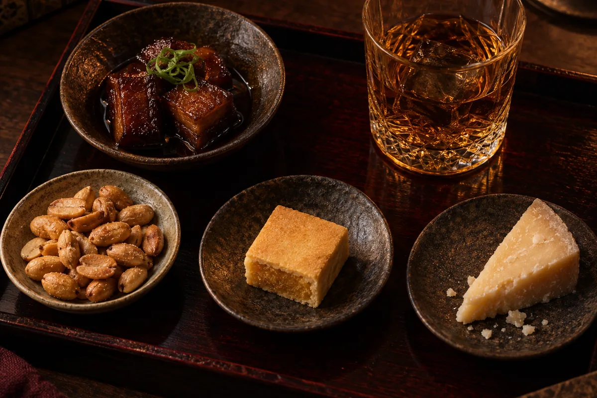 Glazed soy braised pork belly, salted roasted peanuts, a square of pineapple cake, and a wedge of firm aged cheese in four separate dishes beside a glass of amber whisky