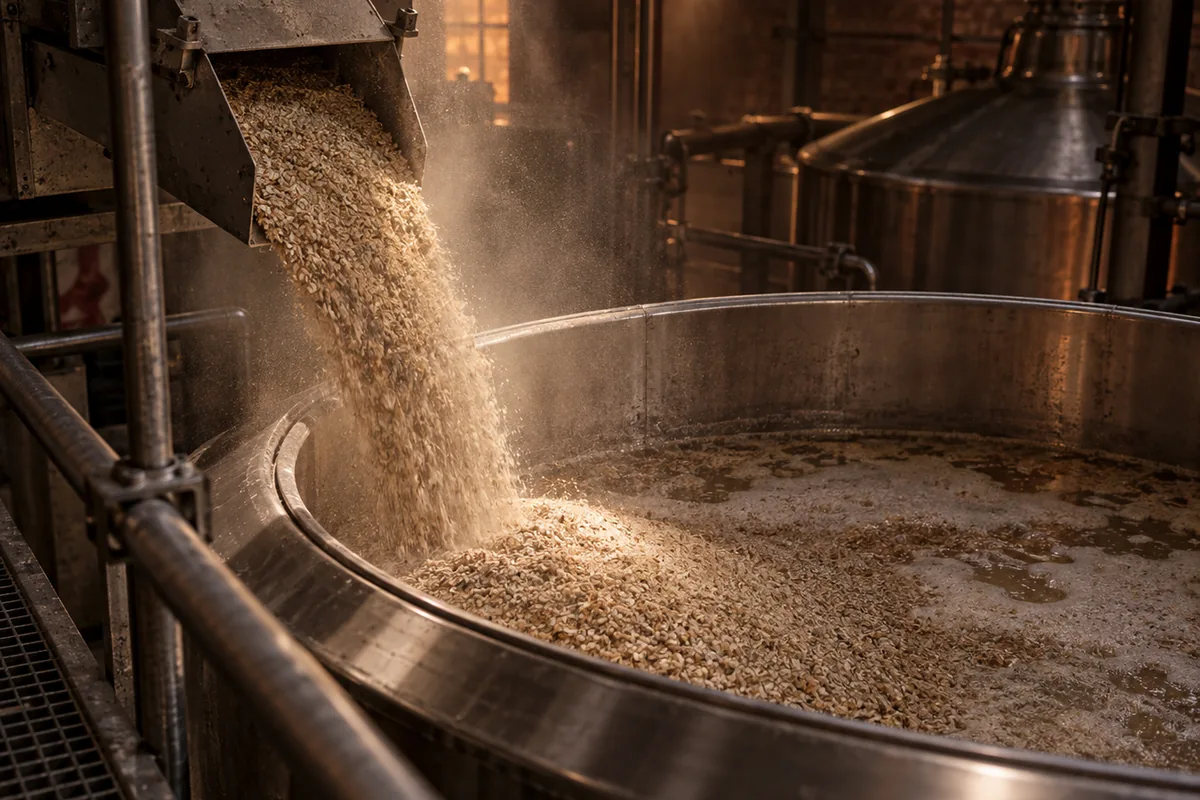Coarse pale grist pouring from a mill chute into the open top of a stainless mash tun with dust hanging in the light