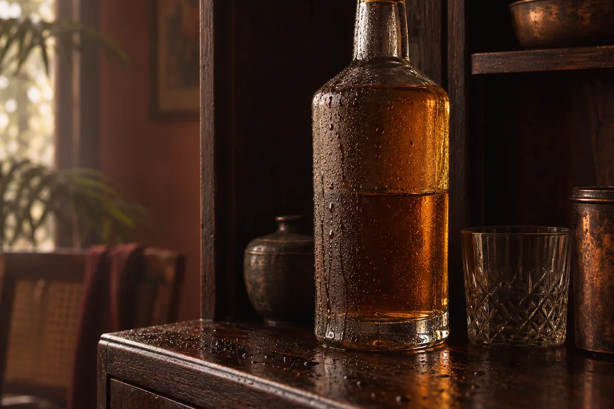 A plain unlabelled whisky bottle standing upright on a dark wooden cabinet shelf with fine condensation beaded across the cool glass