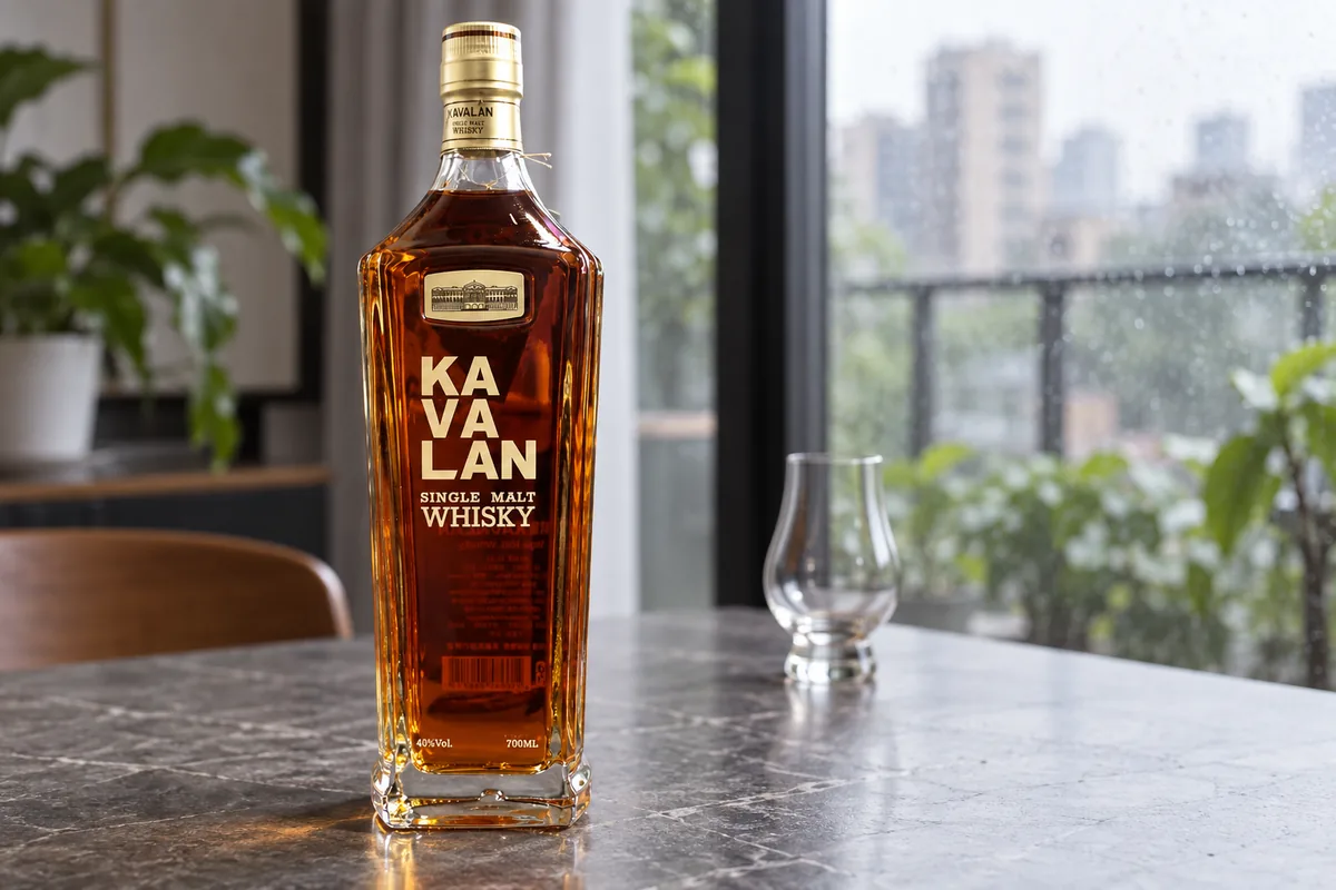 Kavalan single malt whisky bottle beside a rain-speckled apartment window.