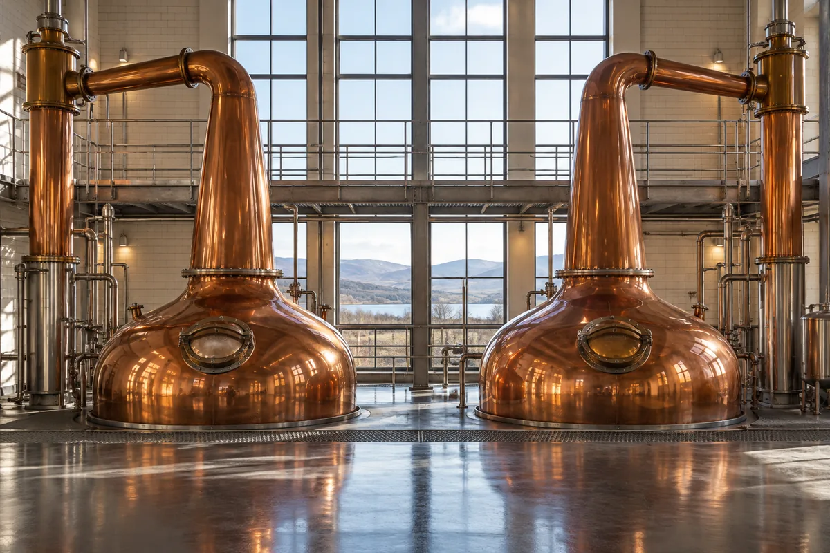 Two polished copper pot stills in a bright modern still house with pale tiled walls and tall windows behind them