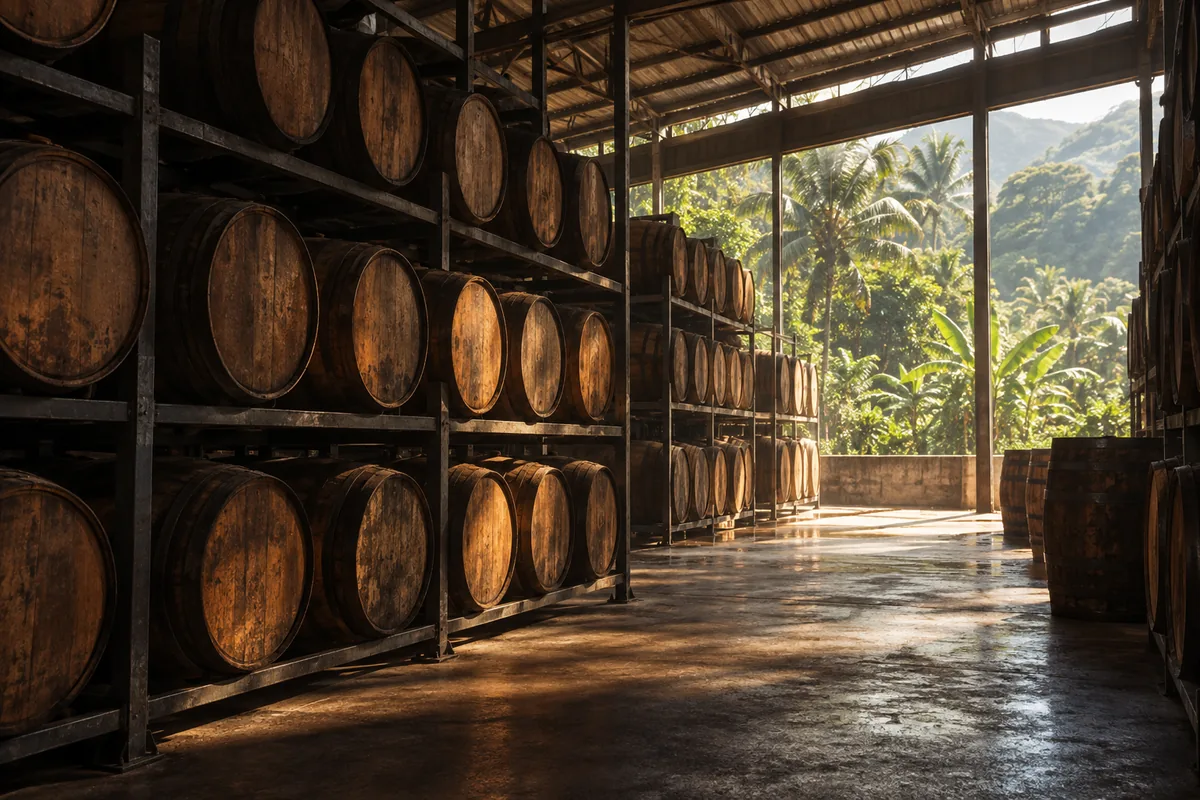 The interior of a hot open-sided maturation warehouse with casks racked several high and dense green subtropical vegetation visible beyond the open wall