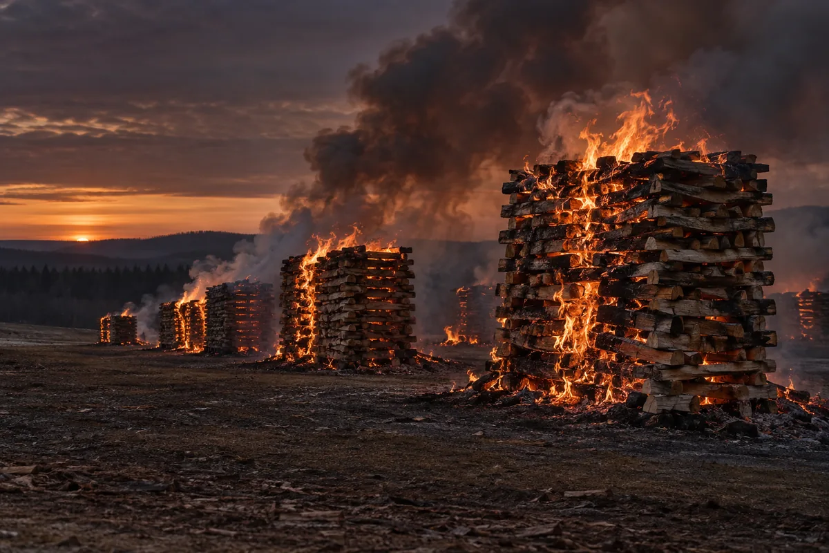 Tall stacked ricks of split sugar maple burning down to charcoal in an open yard at dusk with flame running through the stack and smoke rising