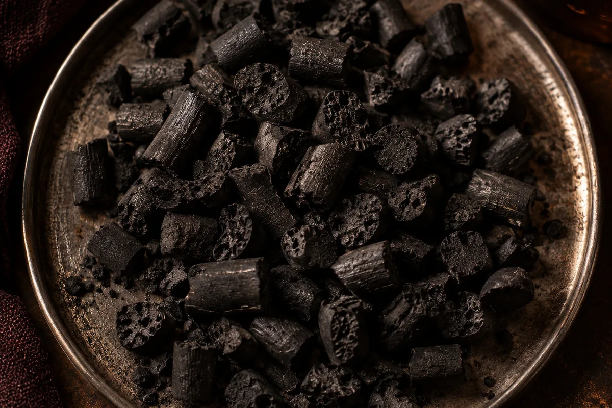 A close macro view of bean-sized black sugar maple charcoal pellets heaped on a steel tray with their porous broken faces catching raking light