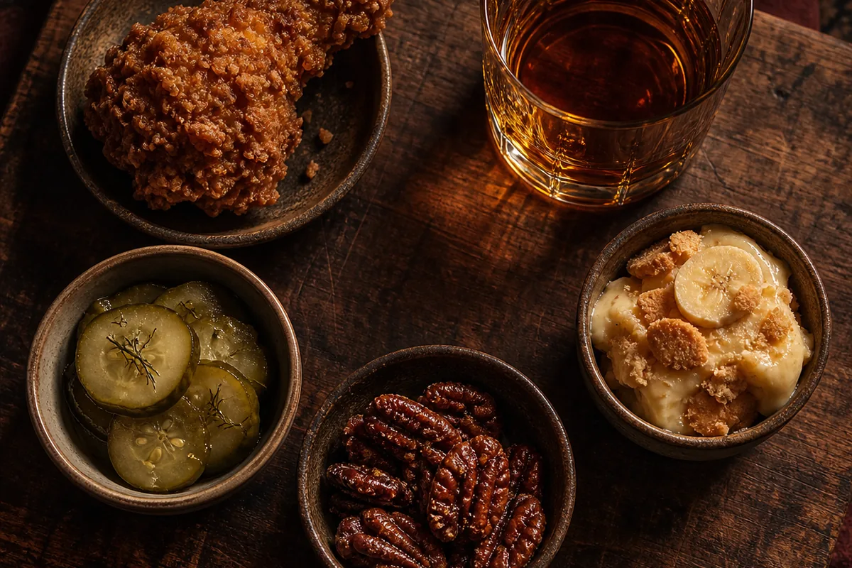 Buttermilk fried chicken, sliced dill pickles, sorghum glazed pecans, and a cup of banana pudding in four separate dishes beside a glass of amber whiskey