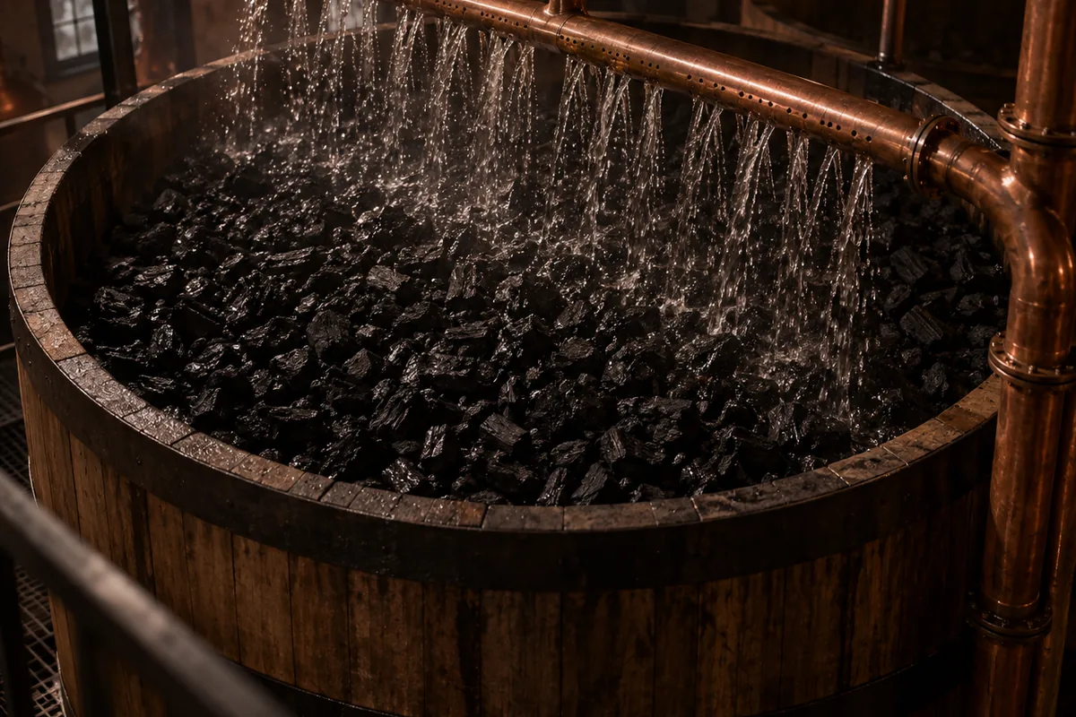 Looking down into a tall wooden mellowing vat packed with black charcoal as clear new whiskey sprays across the surface from a perforated copper pipe
