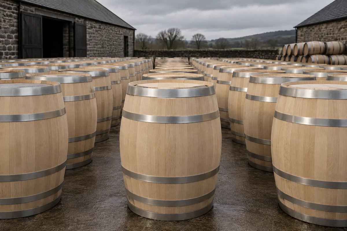 A yard stacked with brand new oak barrels, their pale unweathered staves and bright hoops clean and unmarked, standing on end in rows