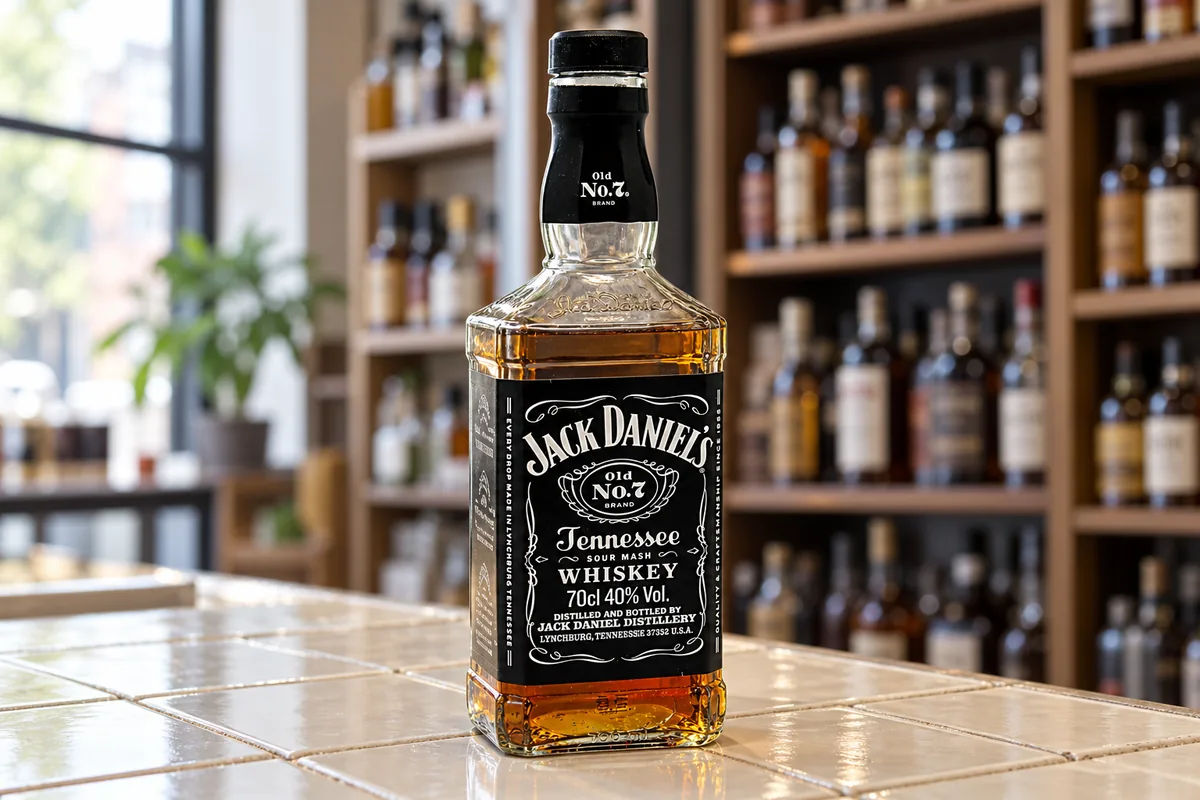 Jack Daniel's Old No. 7 Tennessee Whiskey bottle on a cream tiled counter in an independent bottle shop.