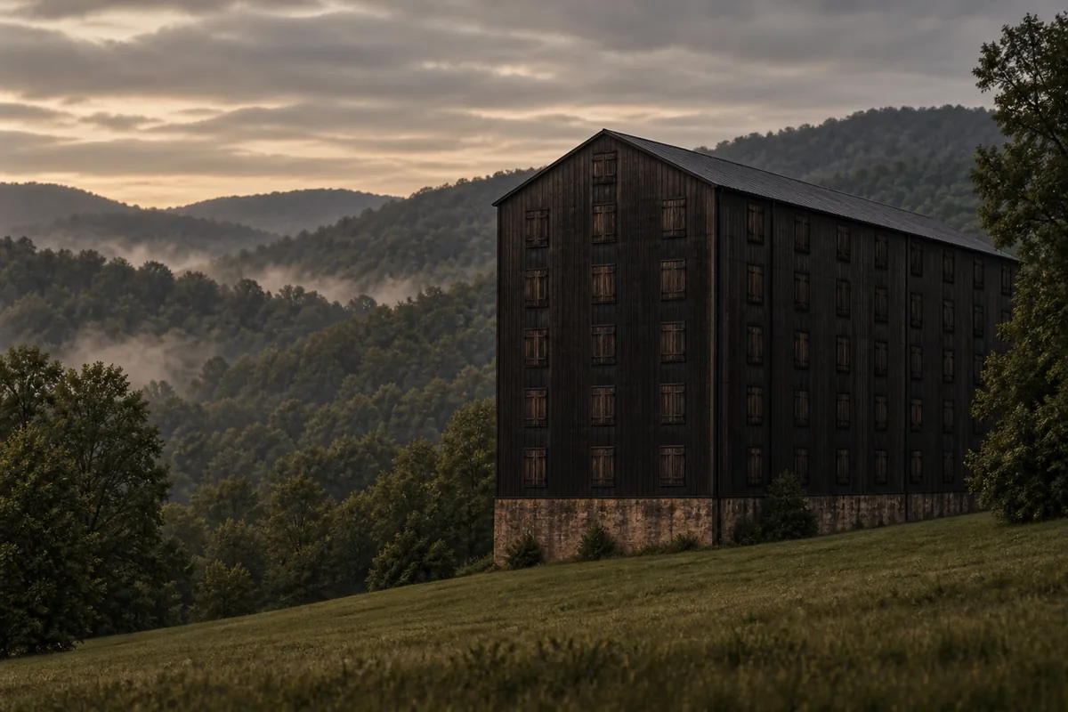 The exterior of a tall multi-storey timber whiskey warehouse standing alone on a green hillside with rows of small shuttered windows and wooded ridges behind