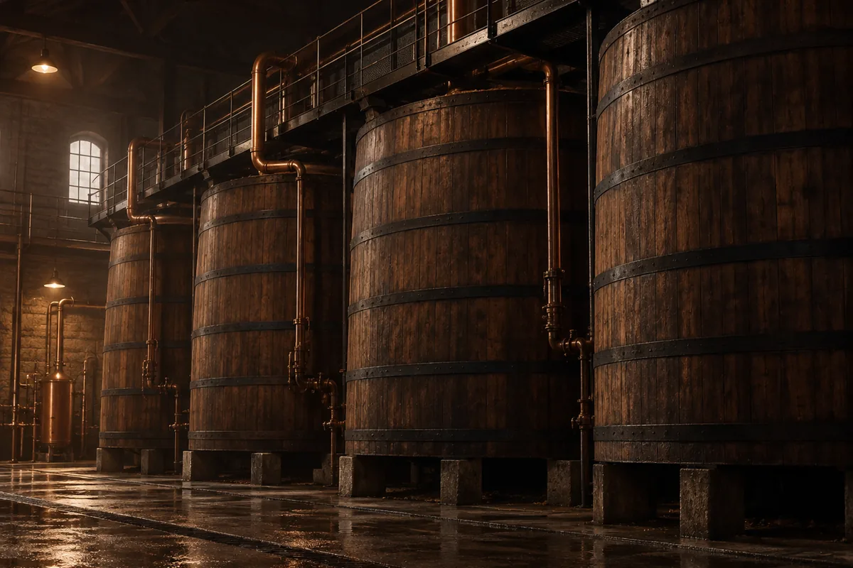 A row of tall wooden mellowing vats rising above head height in a dim distillery room with a walkway along their tops