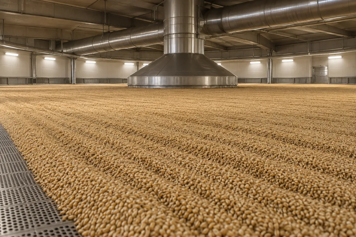Pale dry barley spread across a perforated steel kiln floor with clean hot air rising through it and no smoke