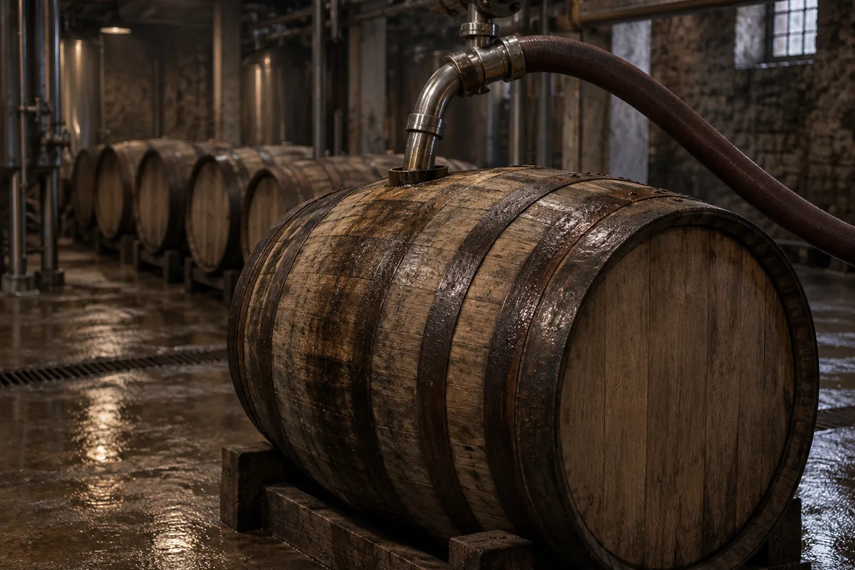 A distillery filling store with an oak cask on a cradle, a hose running into its bung hole from an overhead line, and empty casks waiting behind