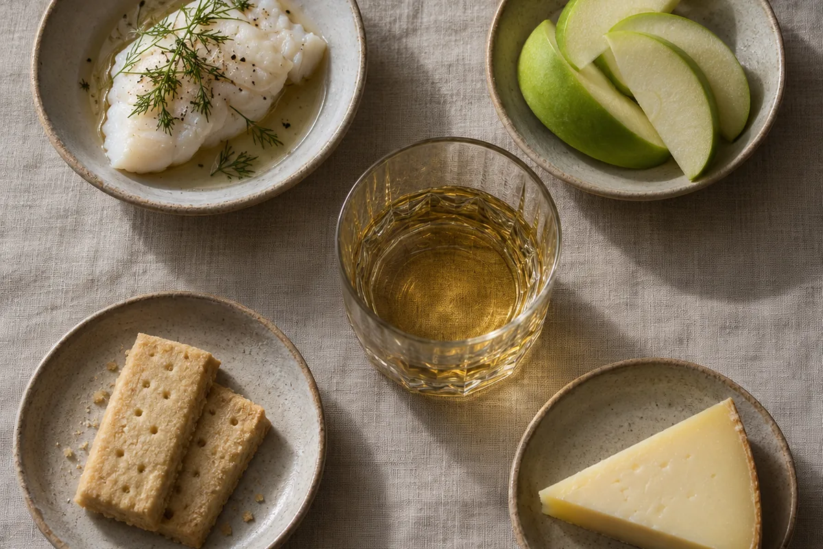 Poached white fish, green apple slices, plain shortbread, and a wedge of mild young cheese in four separate dishes beside a glass of pale gold whisky