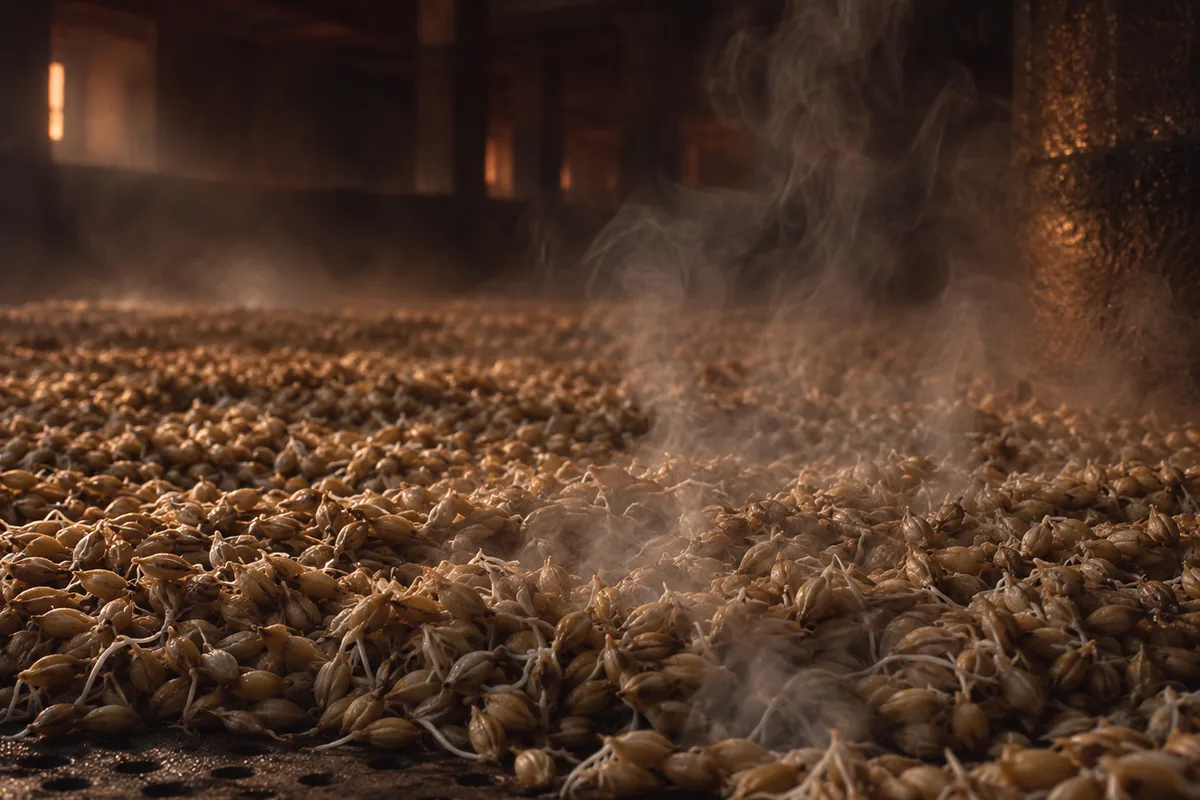 Damp green malt spread thickly across a perforated kiln floor with peat smoke rising visibly through the grain bed
