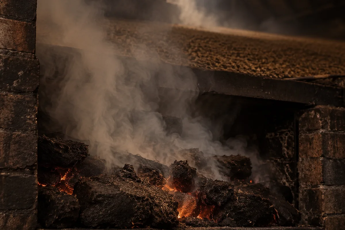 Dark peat turves smouldering in the open furnace mouth beneath a malt kiln with dense pale smoke pouring upward