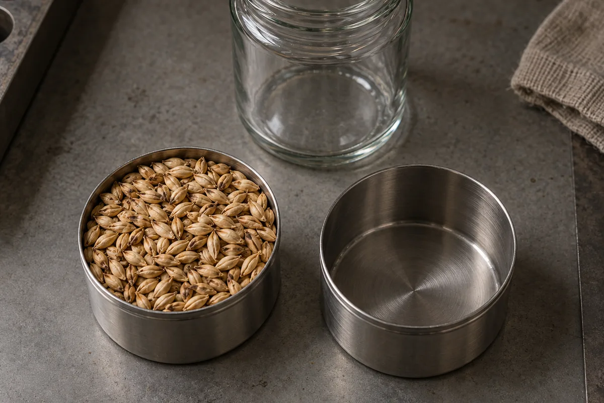 A stainless sample tin filled level with pale malted barley on a laboratory bench beside a second empty tin and a glass jar