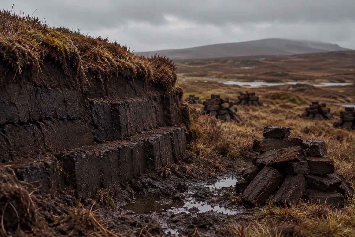 A cut peat bank on open moorland with a stepped dark face and cut turves stacked in small piles to dry