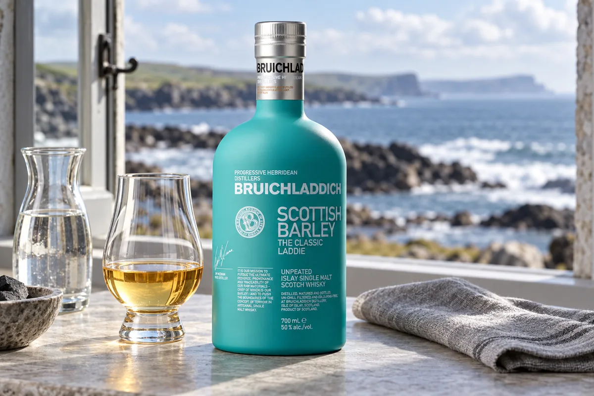 A recognizable turquoise Bruichladdich Classic Laddie unpeated Islay whisky bottle beside a tulip glass and water carafe at a coastal window.