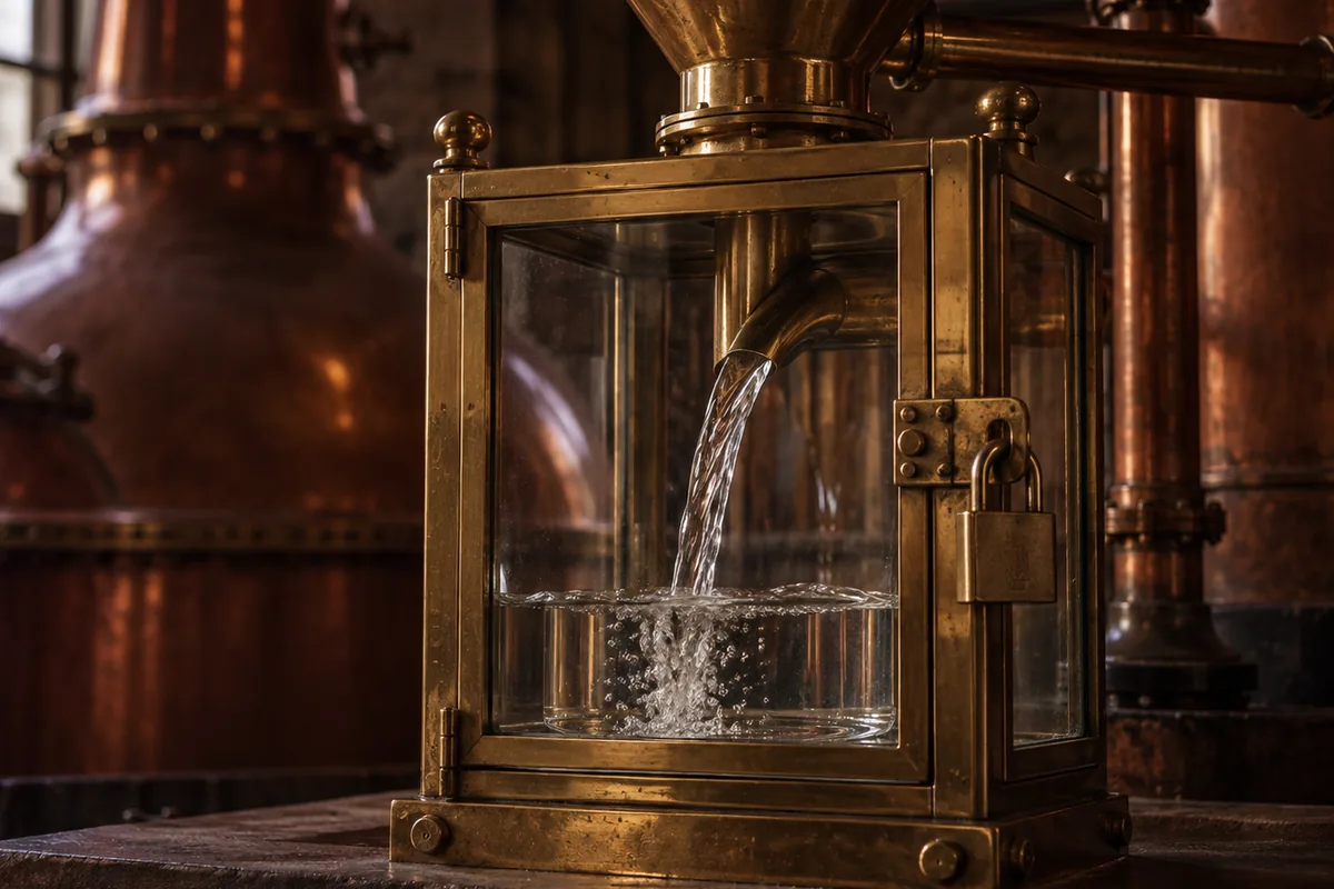 A brass and glass spirit safe with clear new spirit running through the glazed chamber and a brass funnel directing the flow