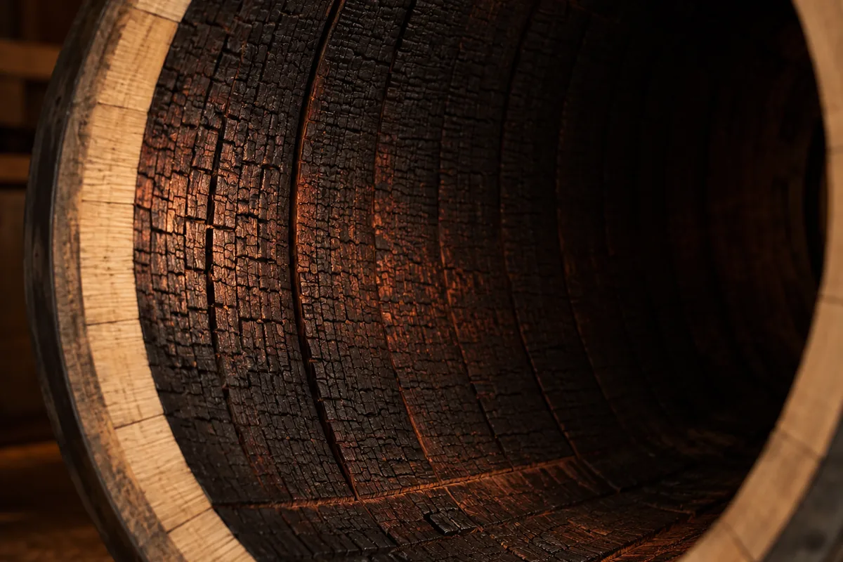 The inside of a freshly charred new oak barrel, black alligatored wood catching low light through the open head