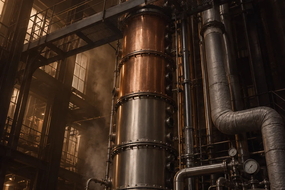 A tall riveted copper and steel continuous column still rising through several floors of a grain distillery