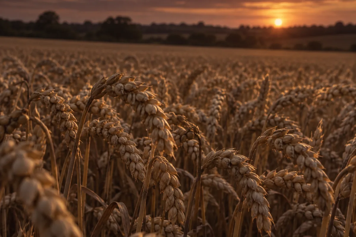 A field of ripe pale gold winter wheat with heavy heads bending, low evening light across the crop