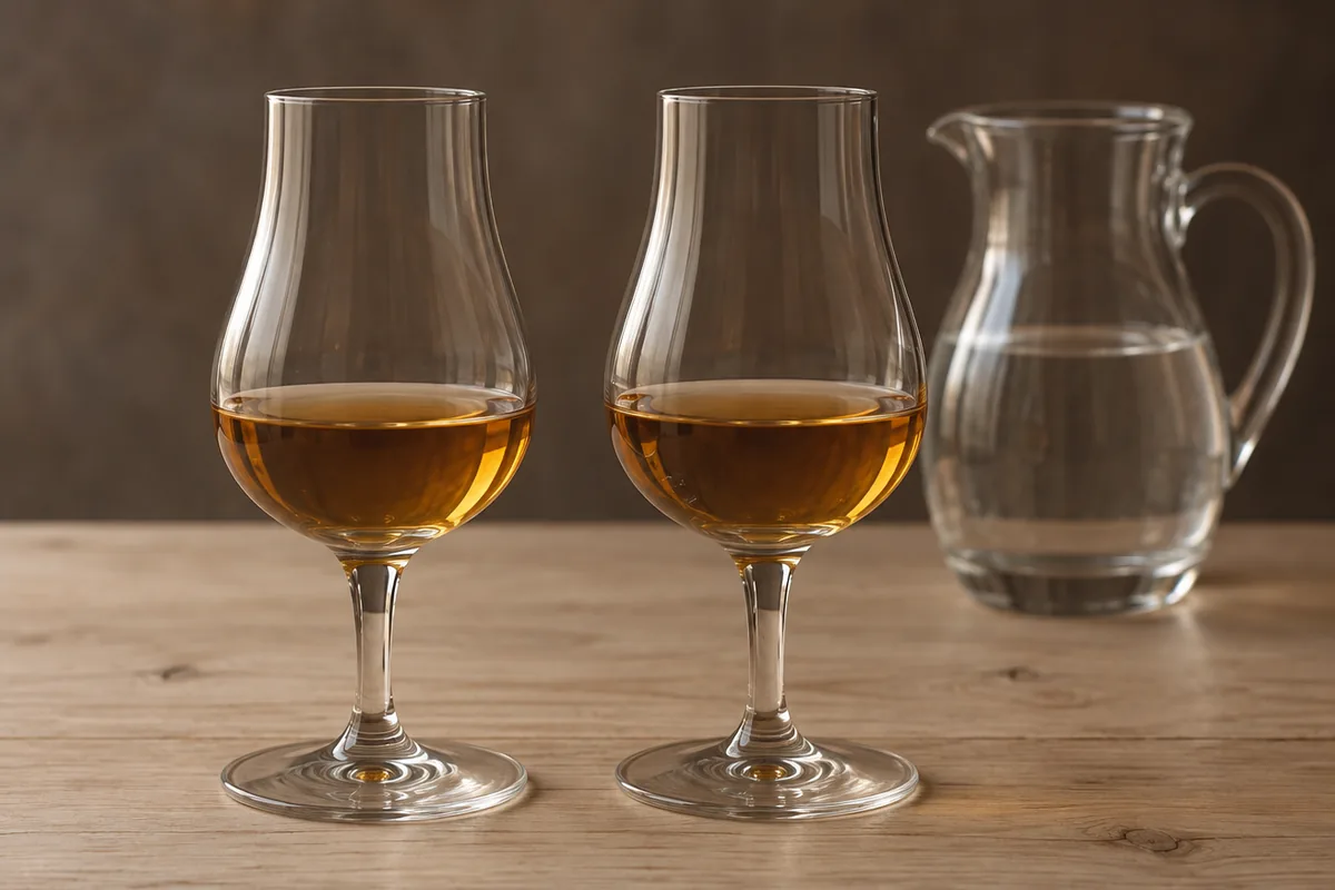 Two identical tasting glasses side by side on a pale wooden table holding whiskies of almost the same colour