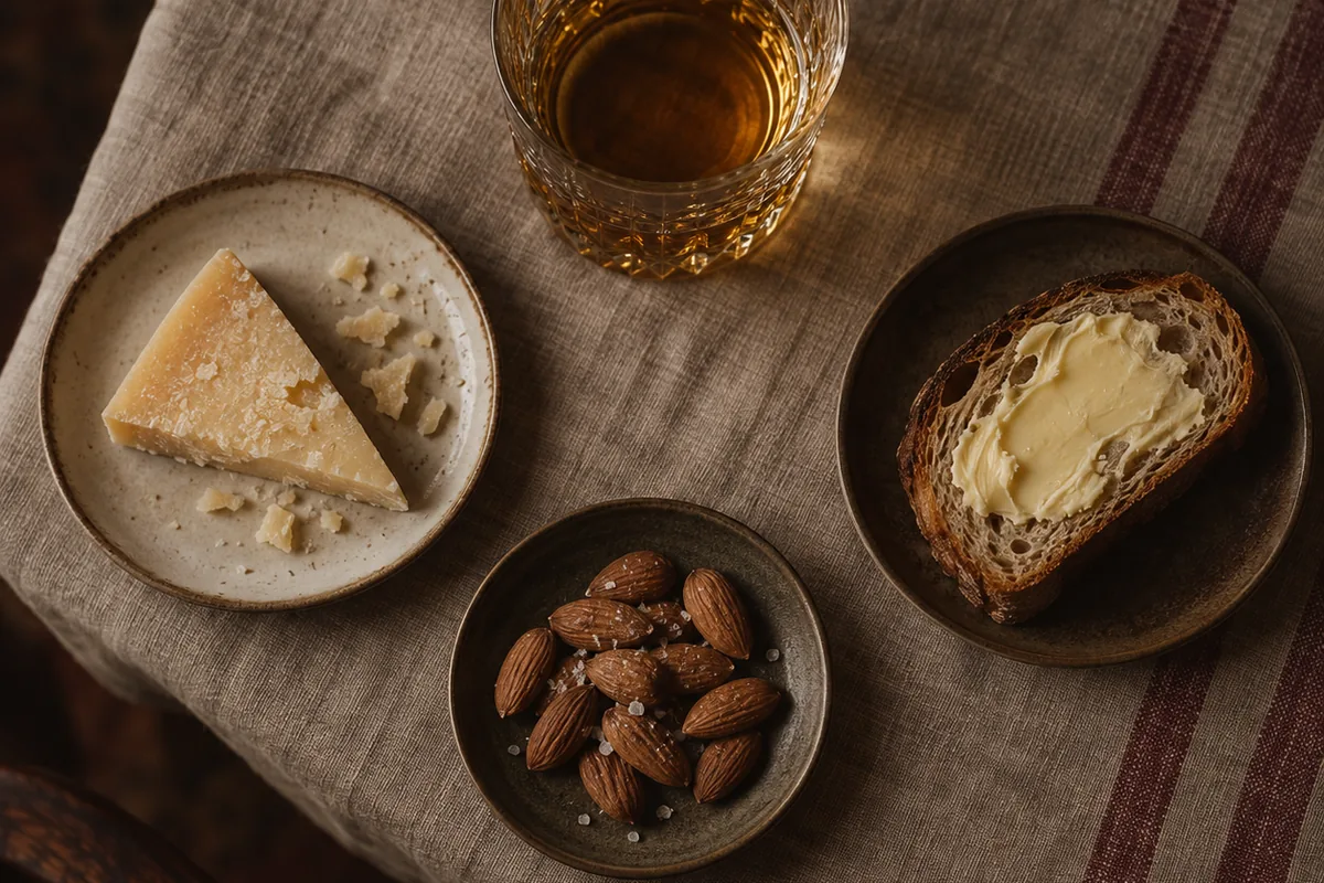 A glass of amber whiskey on a linen cloth beside small plates of hard aged cheese, salted almonds and a slice of buttered bread