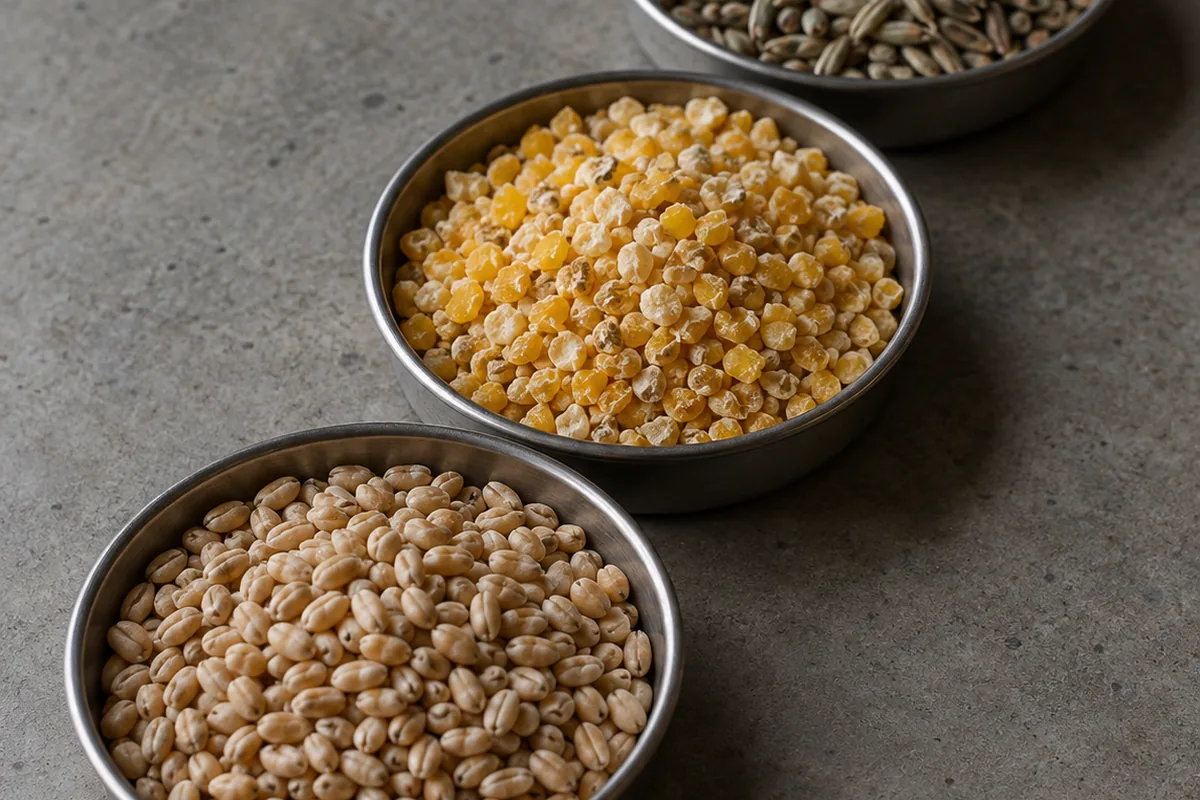 Three small steel dishes on a grey worktop holding wheat kernels, cracked corn and rye grains side by side