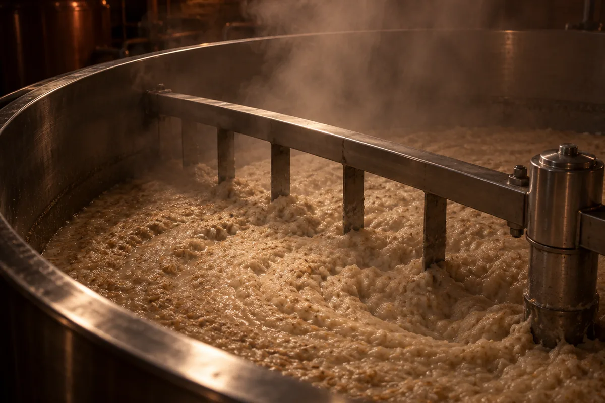 A thick pale mash turning slowly in a large stainless steel vessel, steam rising from a heavy porridge like surface