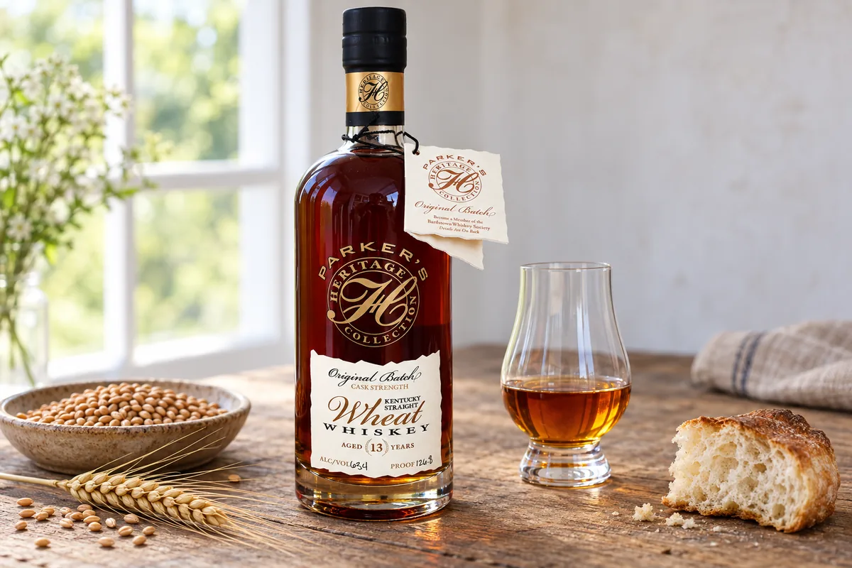 A recognizable Parker's Heritage Collection Kentucky Straight Wheat Whiskey bottle beside wheat berries, a wheat head, bread, and a tulip glass.