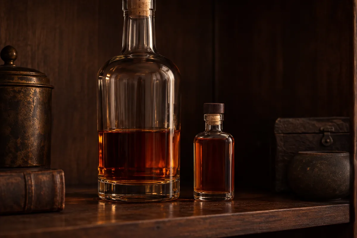 A whiskey bottle standing upright about a third full on a dark shelf away from a window, with a smaller sealed bottle beside it