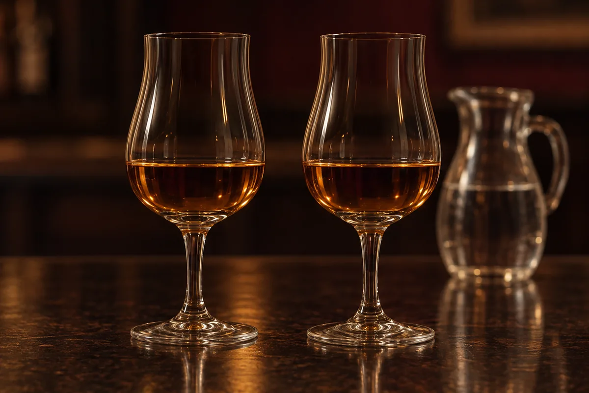 Two identical tasting glasses side by side on a dark wooden bar, filled to exactly the same level with amber whiskey, a small water jug behind