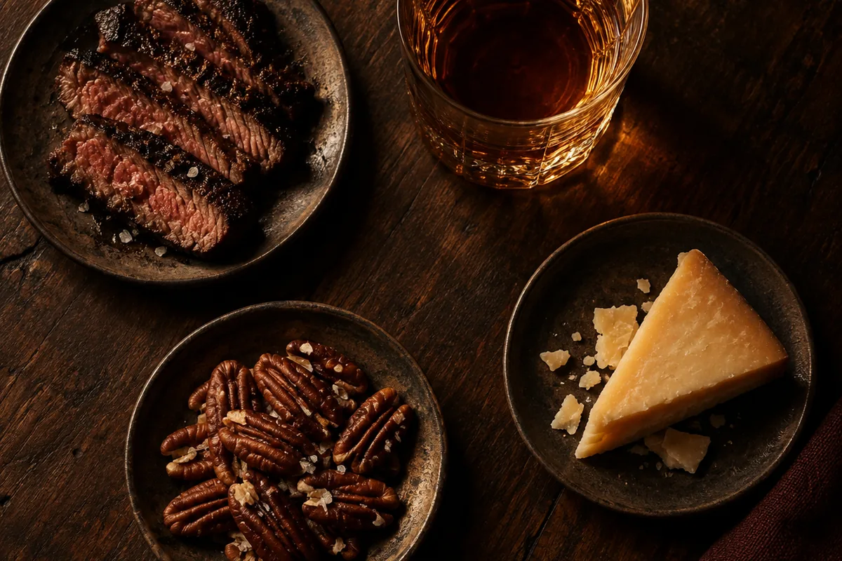A glass of amber bourbon on a dark table beside small plates of charred sliced steak, salted pecans and a wedge of hard aged cheese