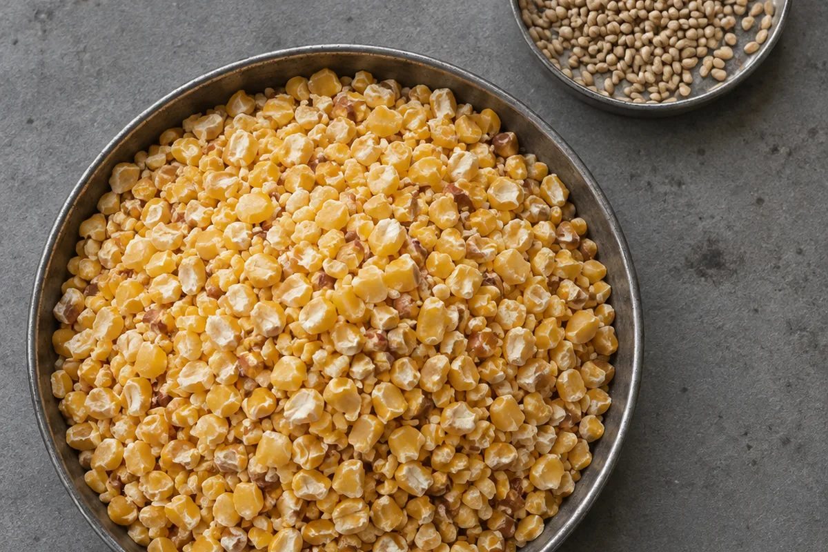 Two shallow steel trays on a grey worktop, one heaped high with cracked yellow corn and a much smaller one holding pale wheat kernels