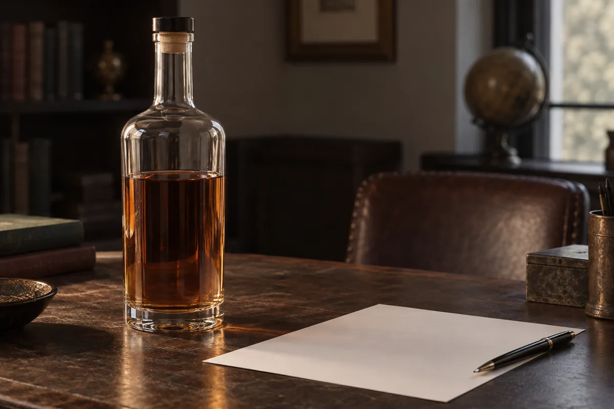 A plain unlabelled bottle of amber whiskey standing on a dark wooden desk beside a blank sheet of paper and a pen