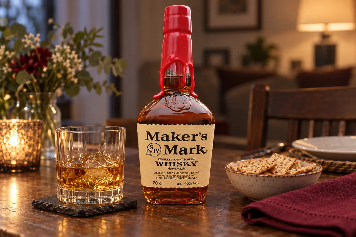 A recognizable Maker's Mark wheated bourbon bottle beside a rocks glass, toasted wheat crackers, and burgundy linen at a quiet adult dinner table.